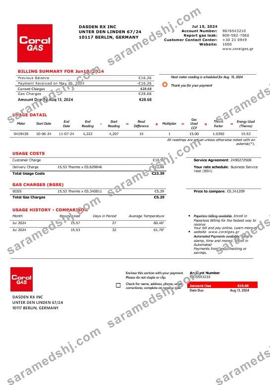 Greece CORAL GAS business utility bill template in Word and PDF formats